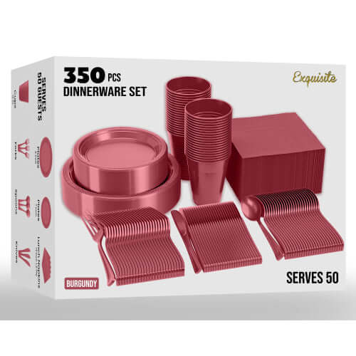 350 Pcs Burgundy Disposable Tableware Set