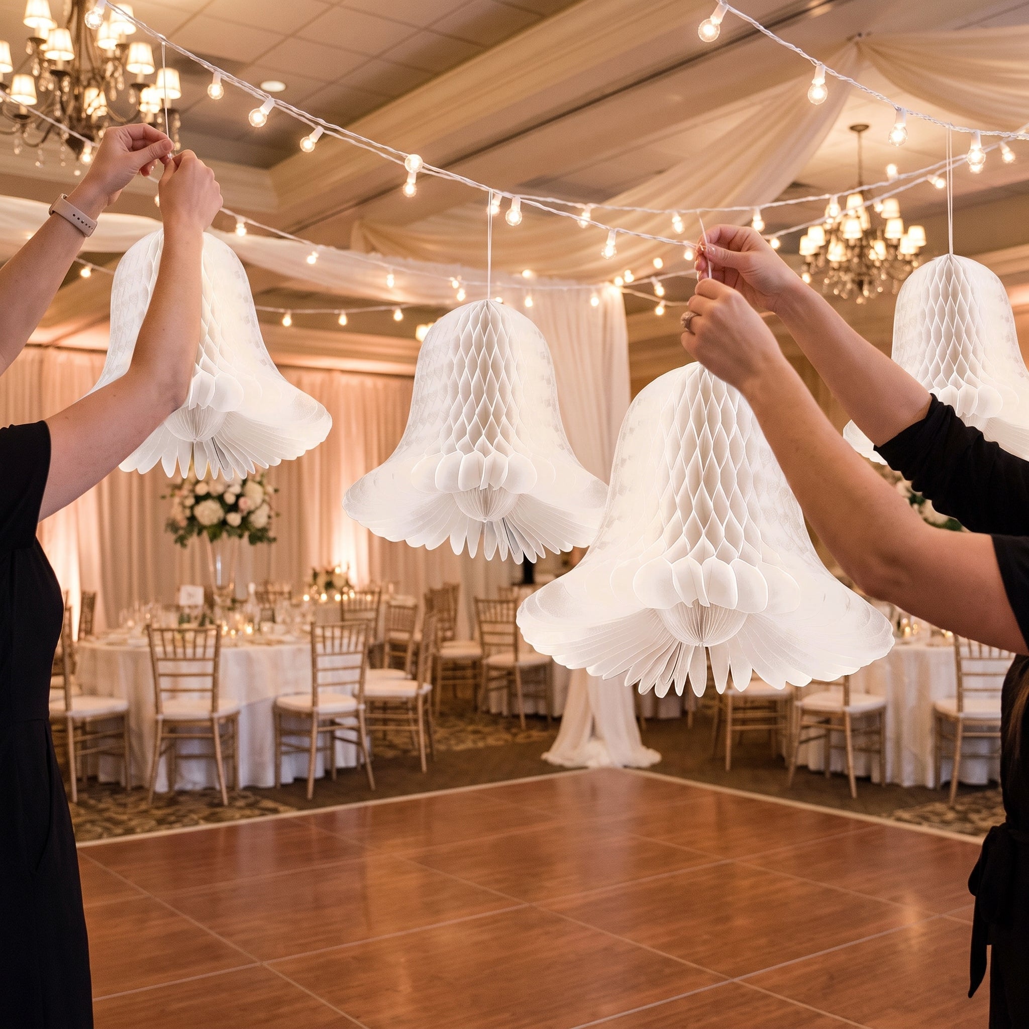 White Honeycomb Wedding Bell Hanging Decorations, 5-Inch, 4-Pack
