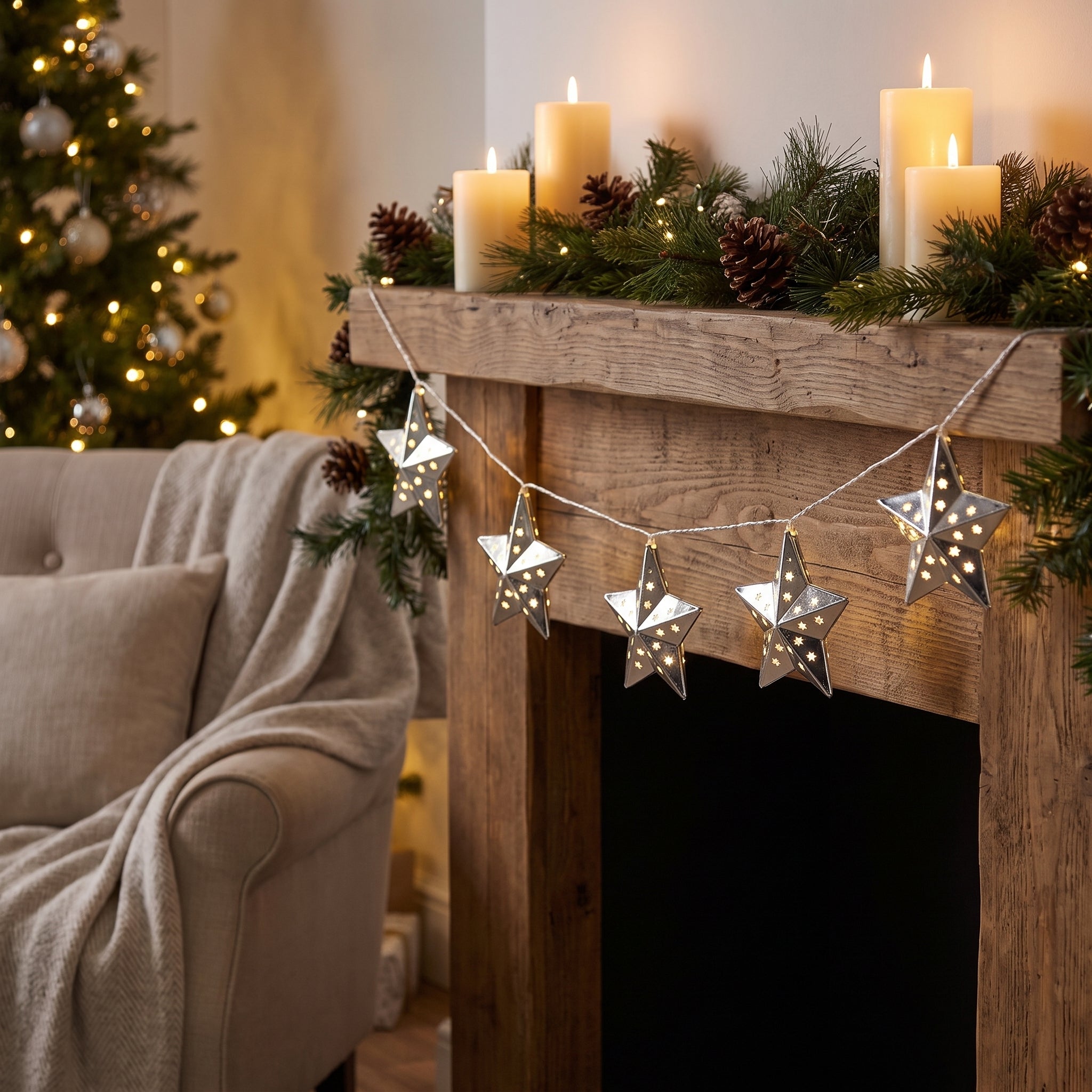 Silver Star LED String Lights - 10 Twinkling Lights, 13-inch