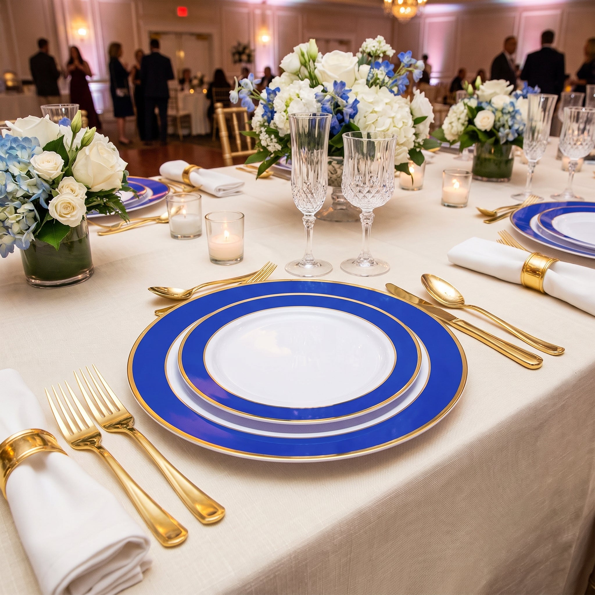 Royal Blue Bordered Premium Plastic Plate Set - 20 Pack