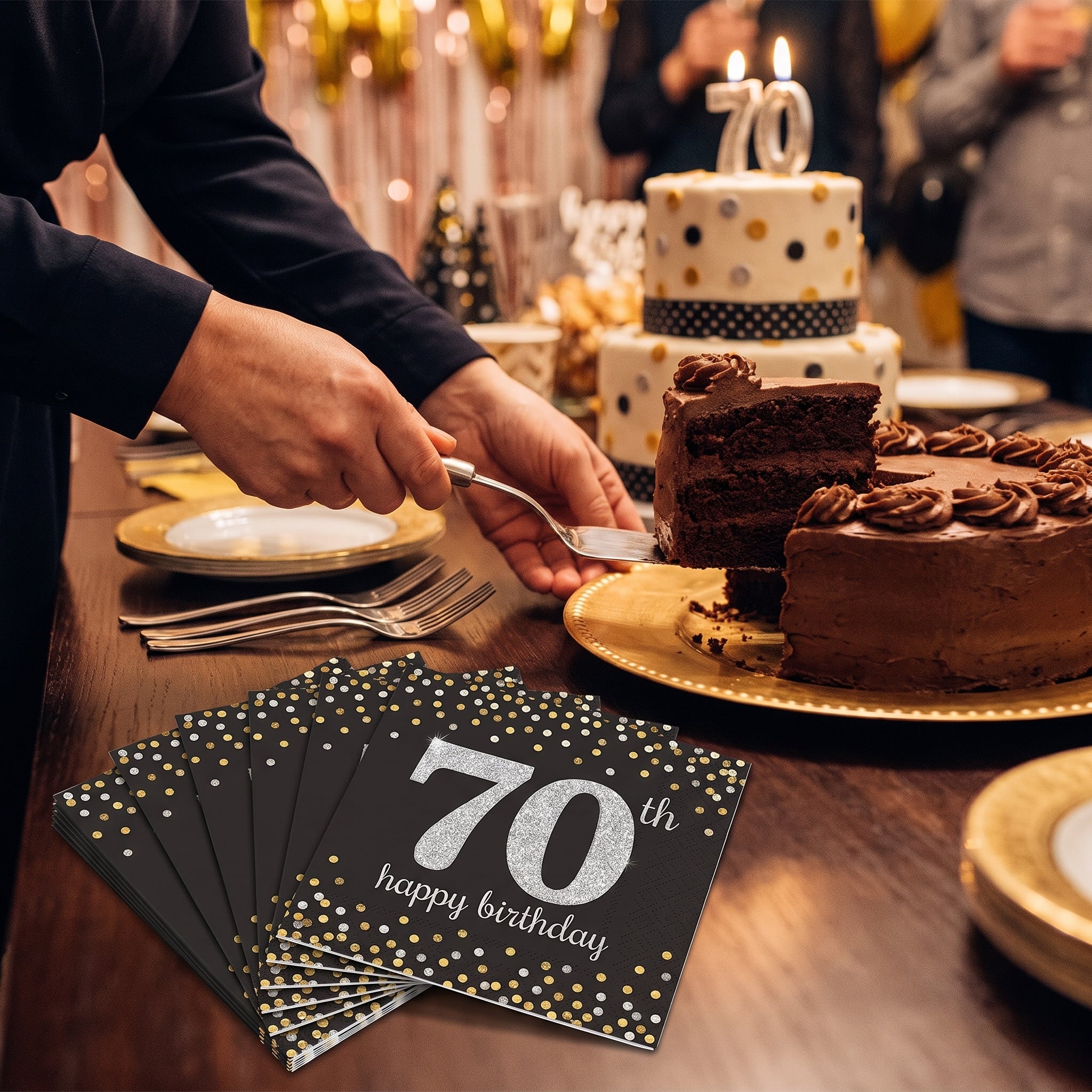 Sparkling Celebration 70th Birthday Lunch Napkins - 6.5 In. x 6.5 In. - Black/Silver/Gold, 16-Pack