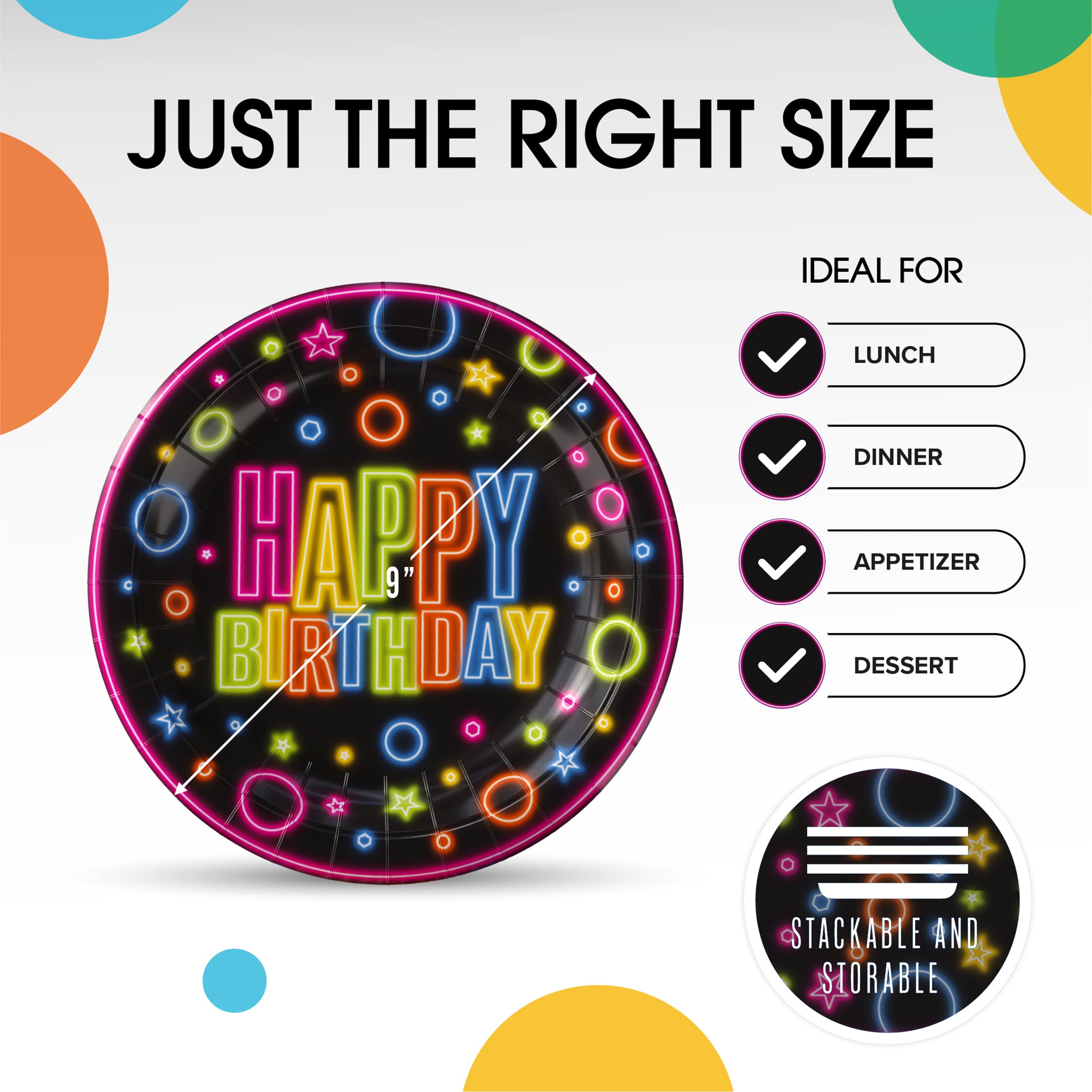 9 In. Neon Birthday Print Paper Plates - 50 Ct.