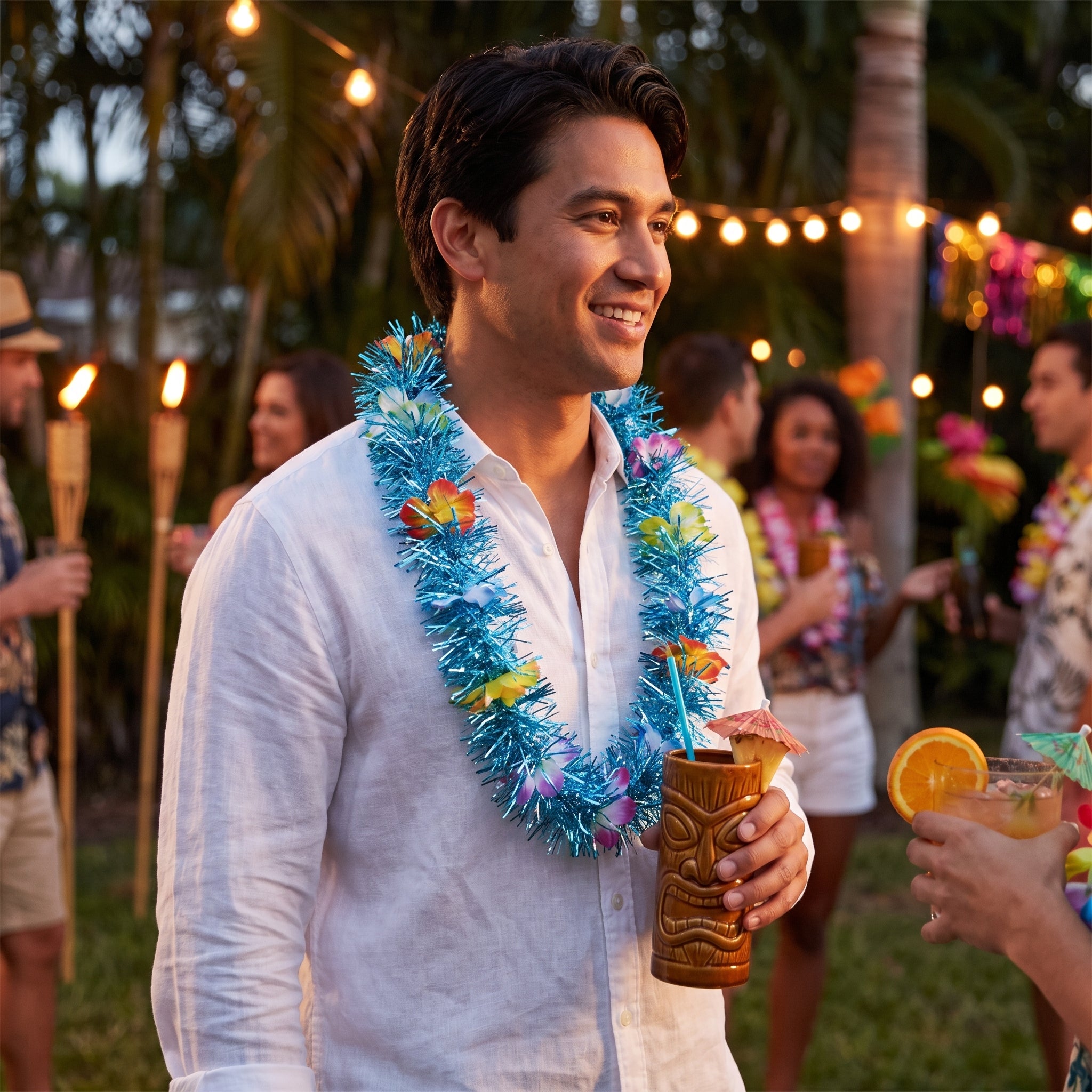 Sparkling Blue Tinsel Lei for Tropical Parties