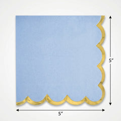 Scalloped Edge Beverage Napkins - Ice Blue with Gold Foil Border, Decorative Cocktail Napkins for Baby Shower, Birthday, Tea Party, Christening - 5 In. X 5 In.