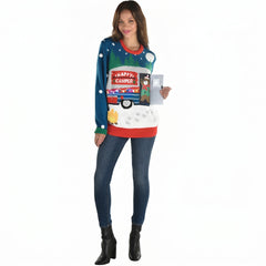 Ugly Christmas Sweater Women Pullover - Light Up Happy Camper Interactive Holiday Sweater with LED Lights, Bear Flap, 3D Details - Adult S/M
