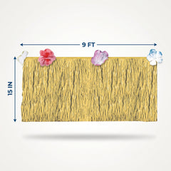 Tropical Natural Grass Table Skirt with Hibiscus Accents - 9ft x 15in