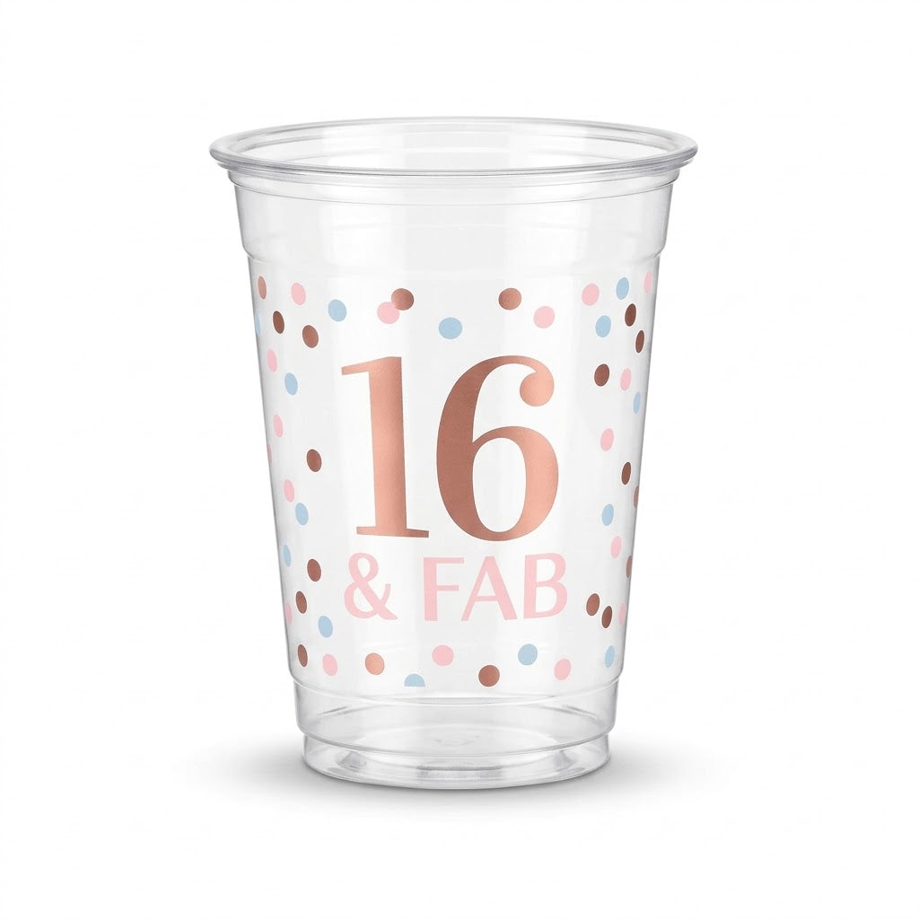 "16 & Fab" Sweet Sixteen Plastic Cups - 16 oz, 20 Pack