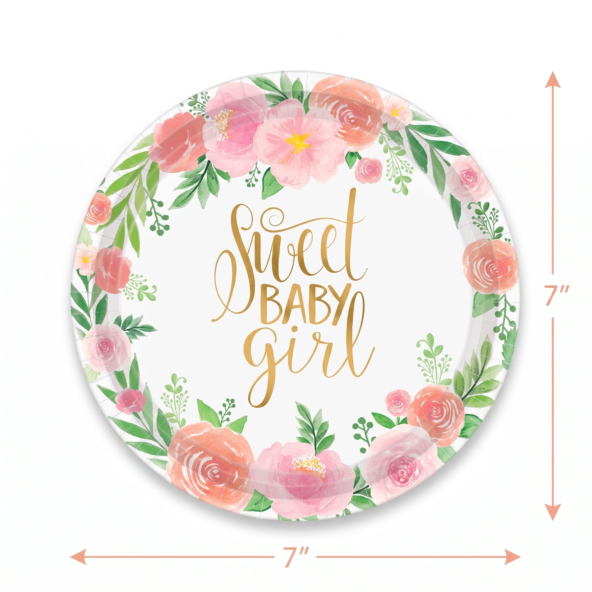 Floral Baby Girl 7" Round Dessert Plates - 8 Pack