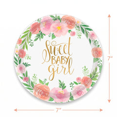 Floral Baby Girl 7" Round Dessert Plates - 8 Pack