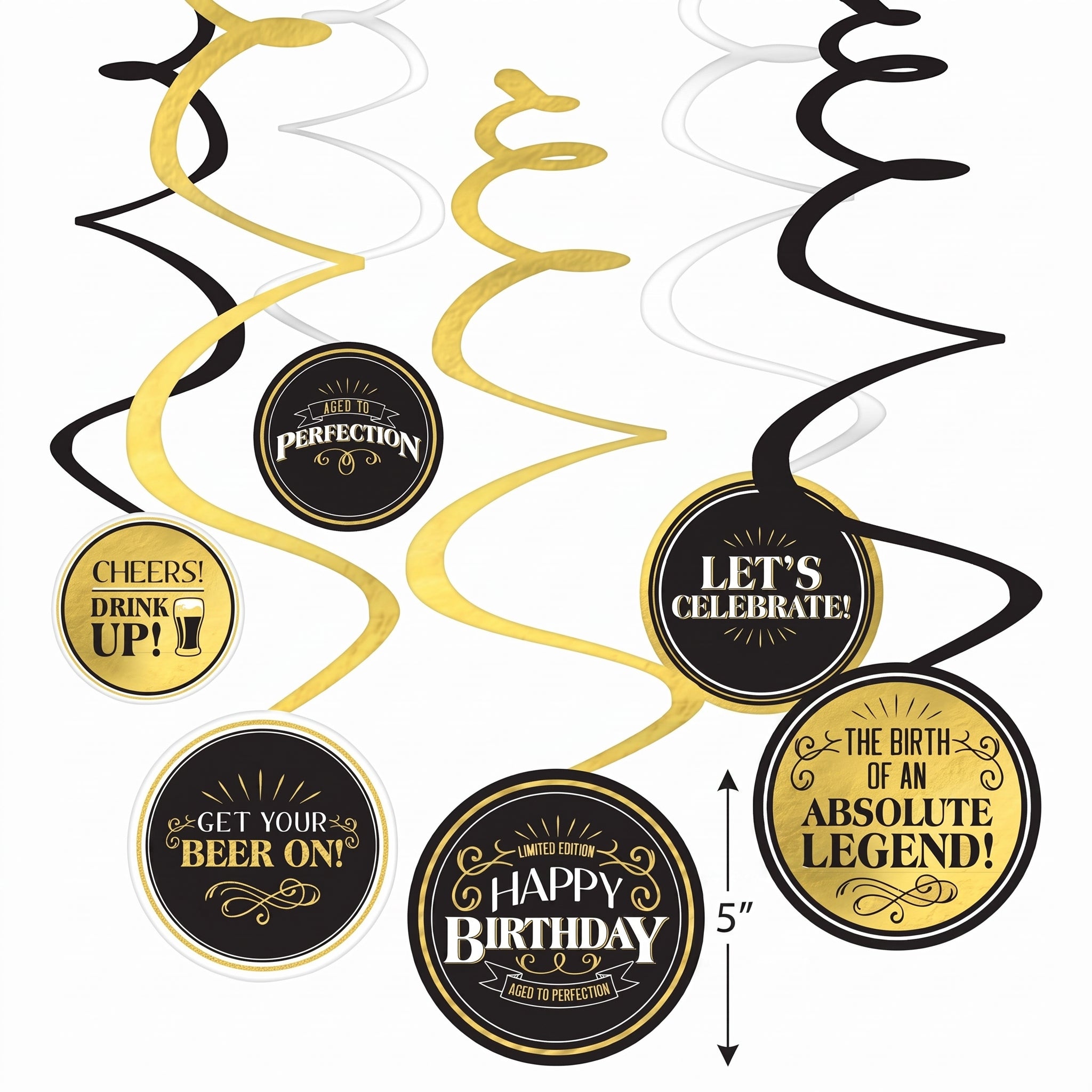 "Better with Age" Birthday Swirl Hanging Decorations, Gold & Black, 12-Pack