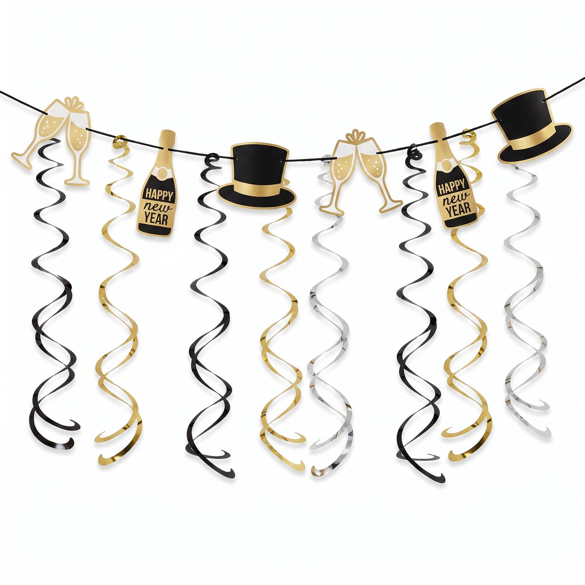 New Year's Eve Top Hat & Swirl Hanging Garland, 9-ft, Black/Gold/Silver