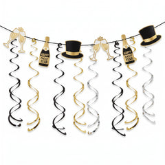 New Year's Eve Top Hat & Swirl Hanging Garland, 9-ft, Black/Gold/Silver