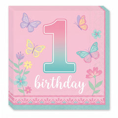Butterfly Garden 1st Birthday Lunch Napkins - 6.5 In. x 6.5 In.