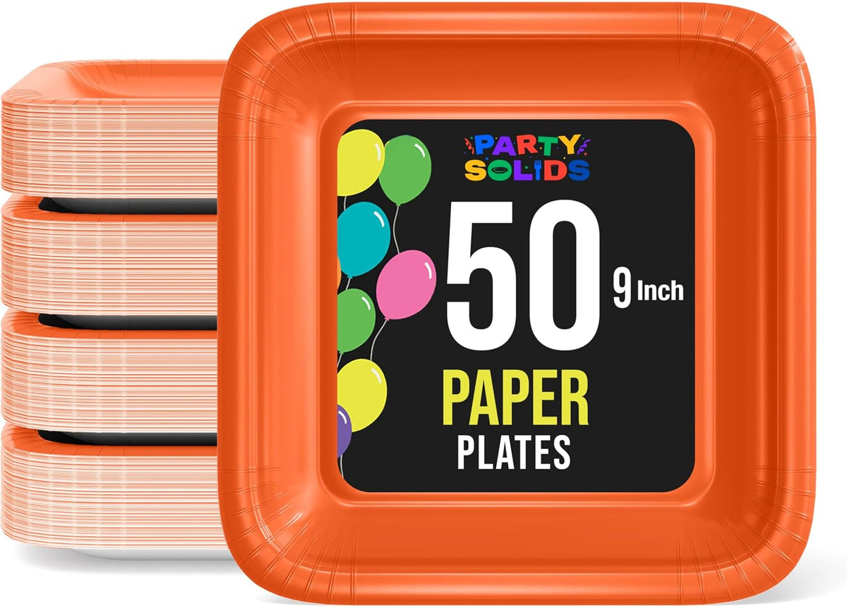 9 In. Orange Square Paper Plates - 50 Ct.