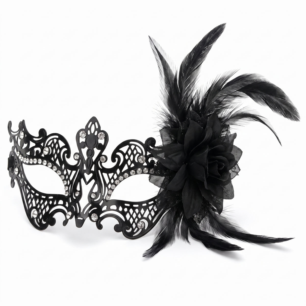 Black Filigree Feather Masquerade Mask with Rhinestone Accents