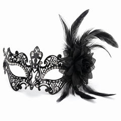 Black Filigree Feather Masquerade Mask with Rhinestone Accents