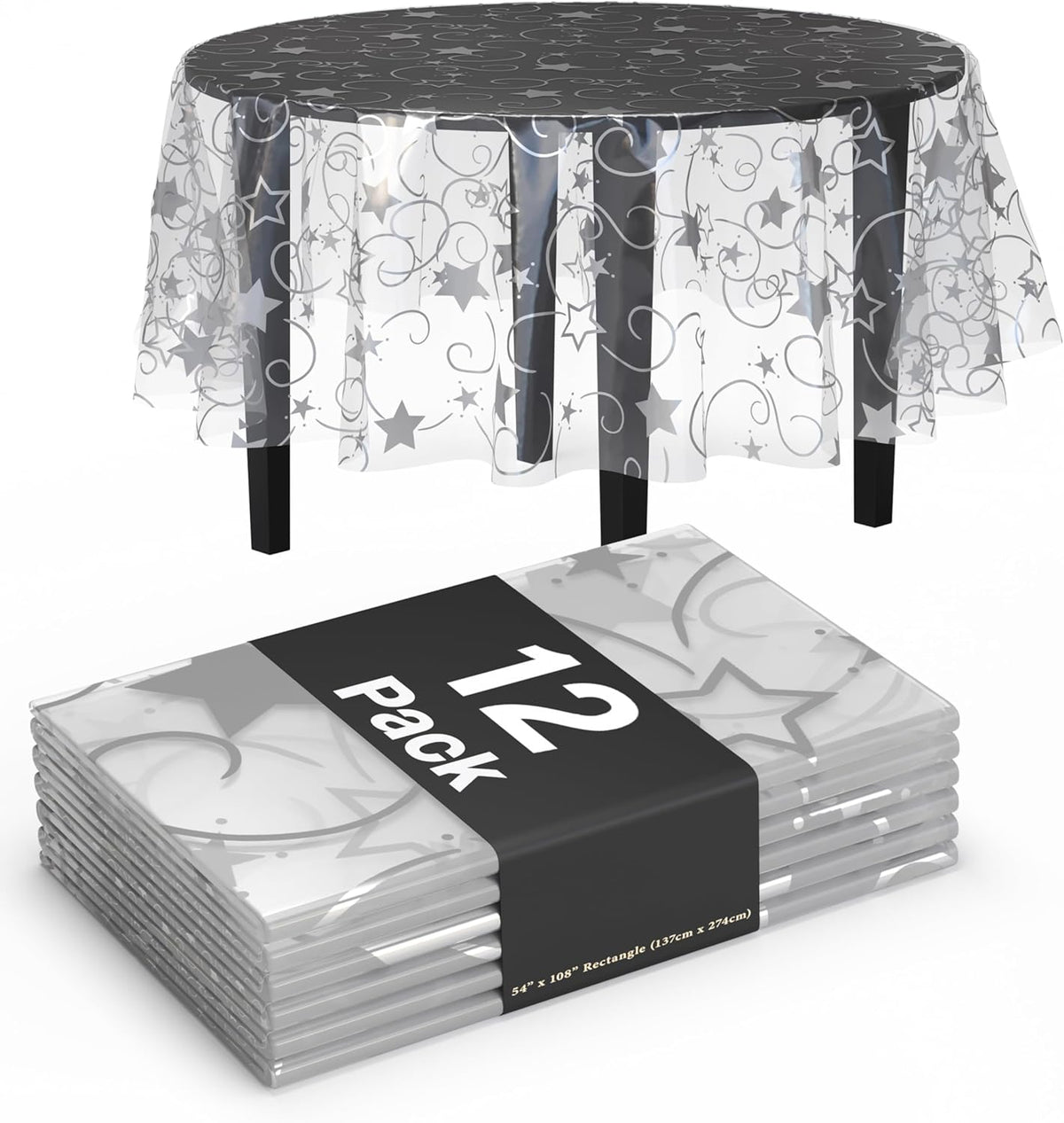 Clear silver star round table cover