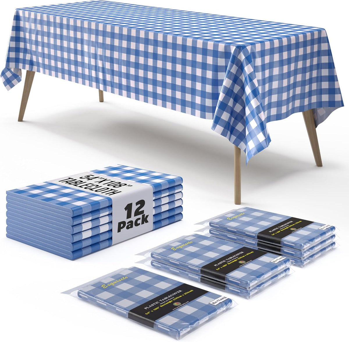 Blue Gingham Plastic Table Covers | 12 Pack - 54 In. x 108 In.
