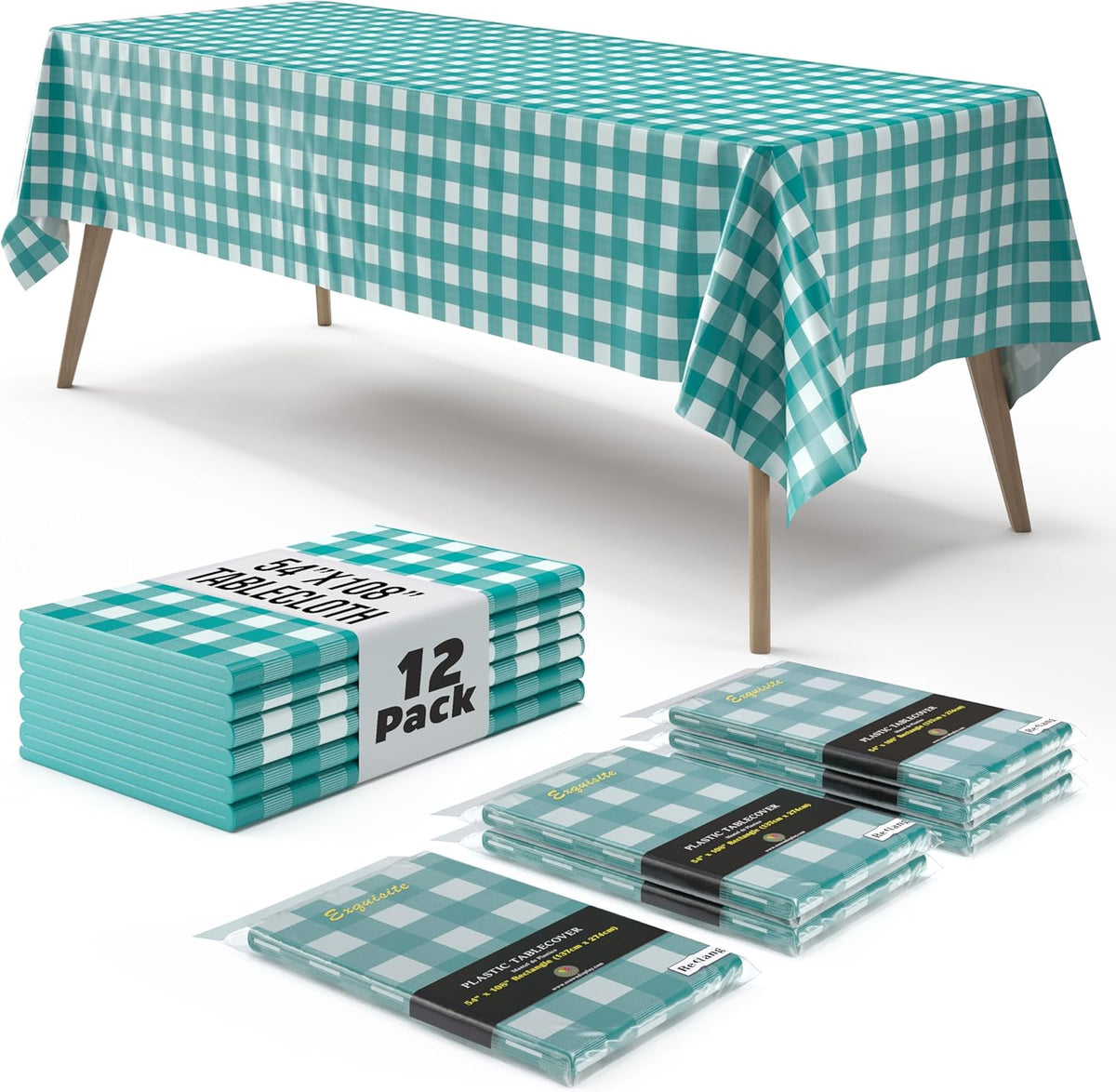 Teal Gingham Plastic Table Covers | 12 Pack - 54 In. x 108 In.