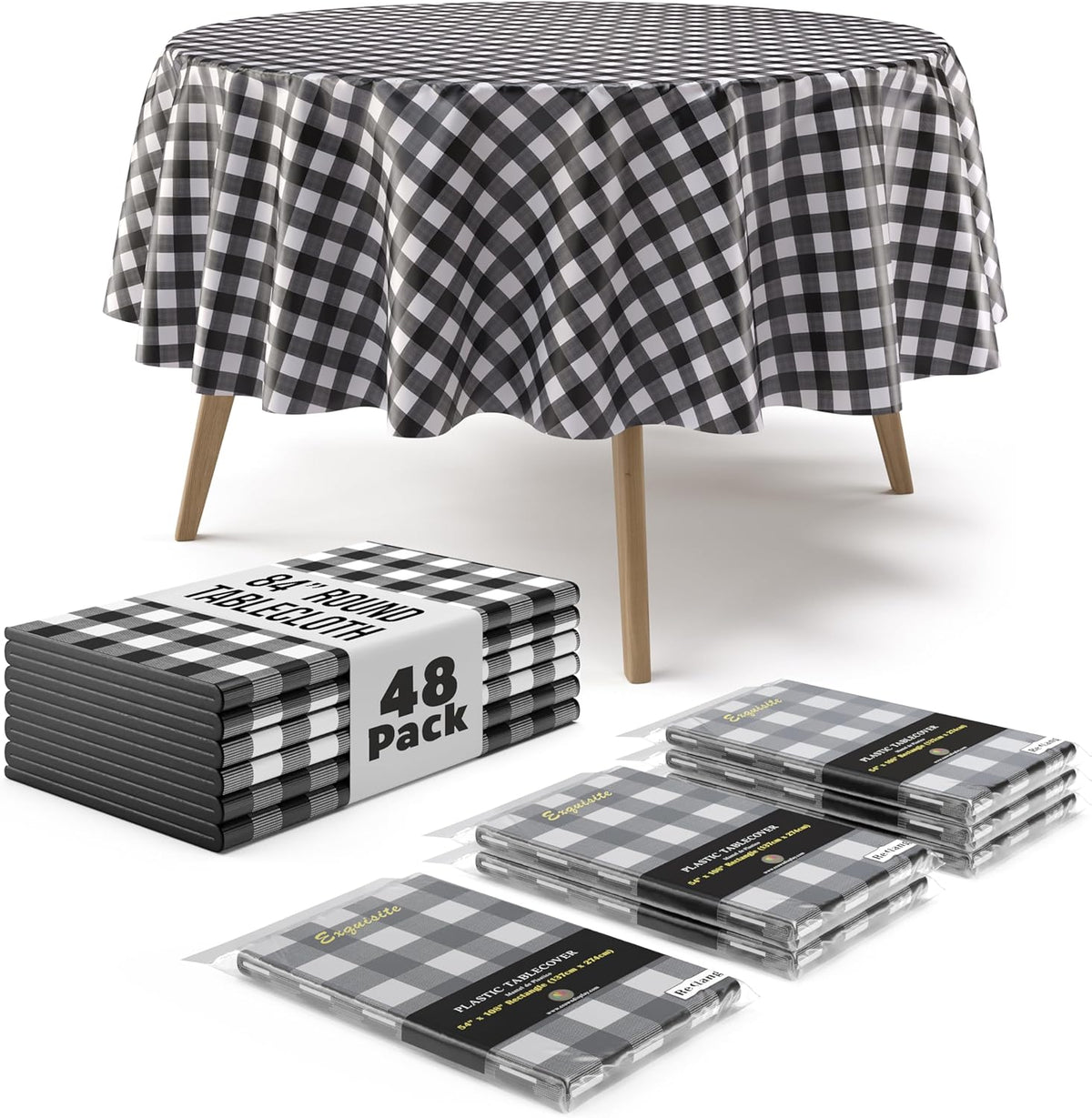 Round Black Gingham Plastic Table Cover | Case of 48