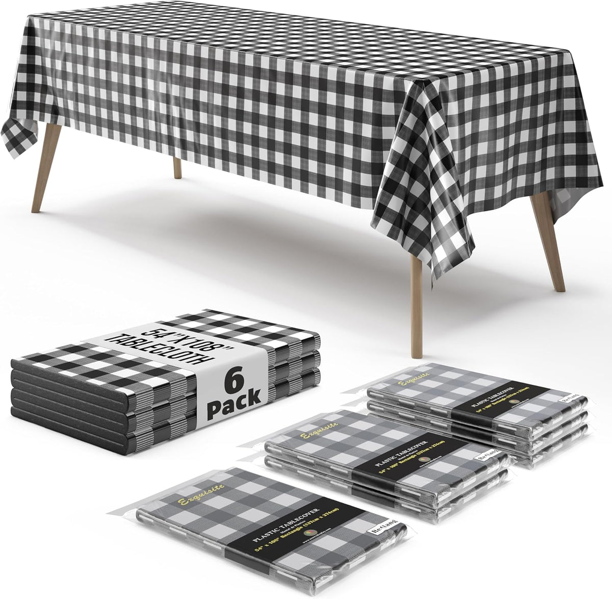 Black Gingham Plastic Table Covers | 6 Pack - 54 In. x 108 In.