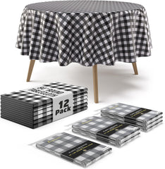 Round Black Gingham Plastic Table Covers | 12 Pack