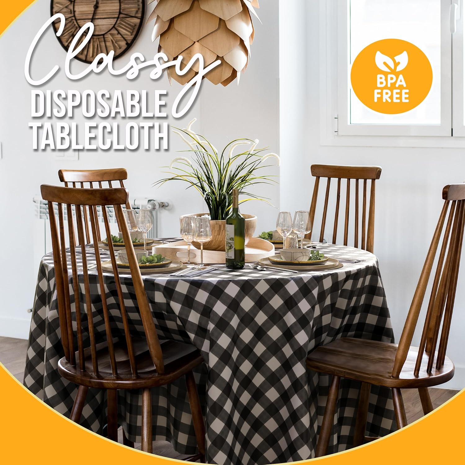 Round Black Gingham Plastic Table Covers | 6 Pack