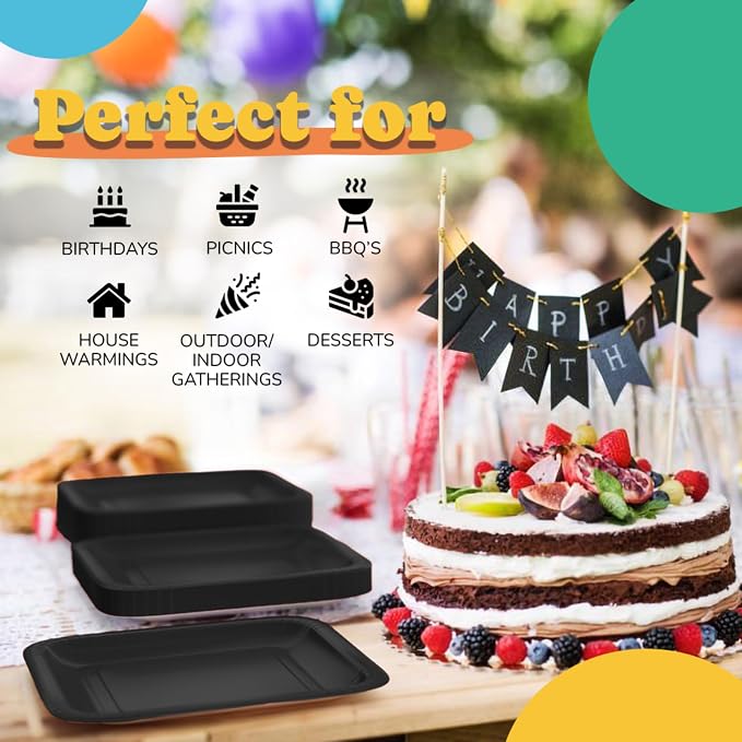9 In. Black Square Paper Plates - 50 Ct.