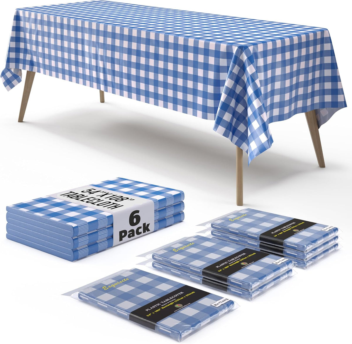 Blue Gingham Plastic Table Covers | 6 Pack - 54 In. x 108 In.
