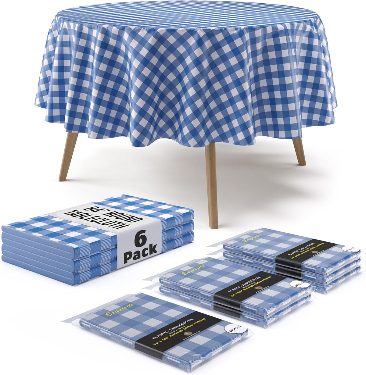 Round Blue Gingham Plastic Table Covers | 6 Pack