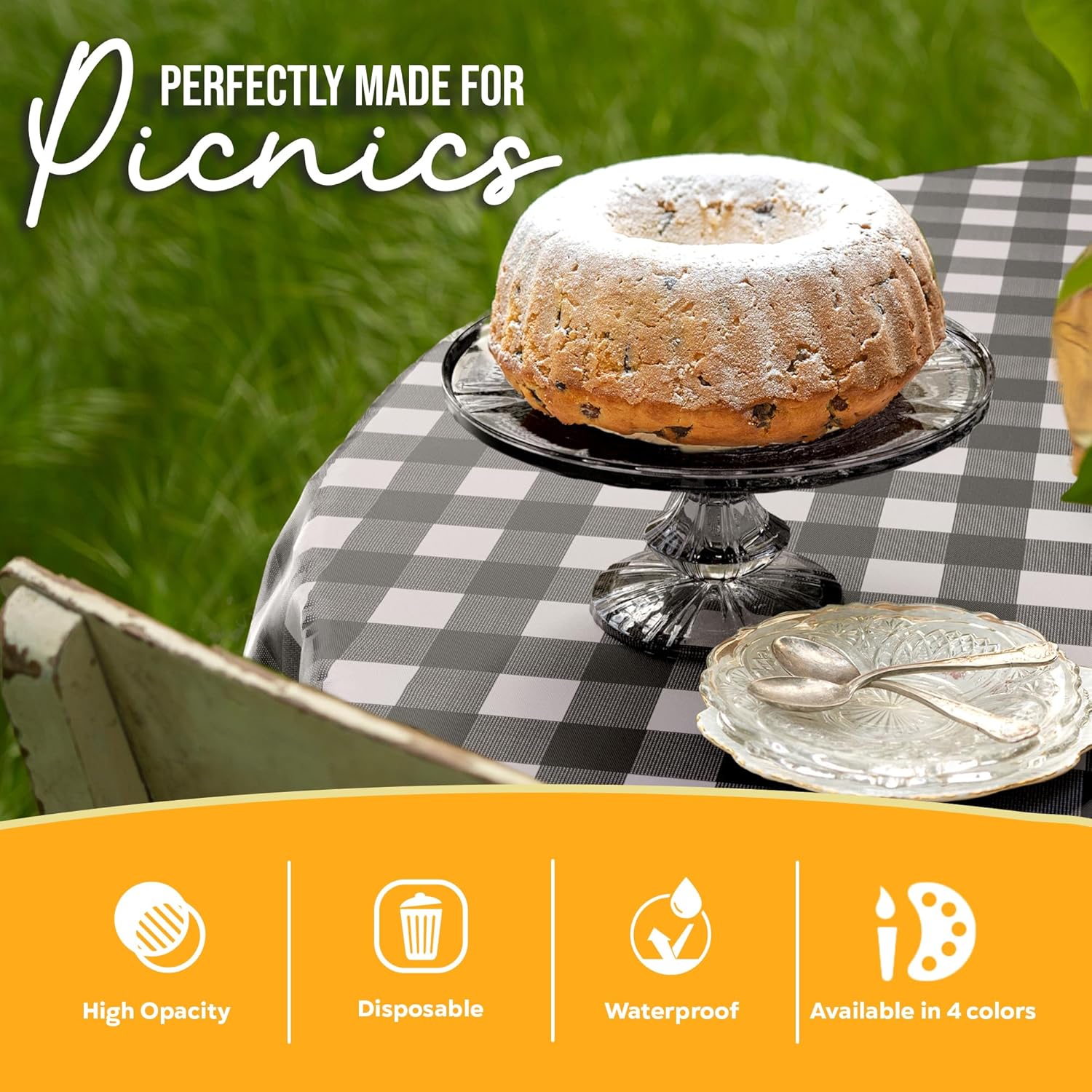 Round Black Gingham Plastic Table Covers | 6 Pack