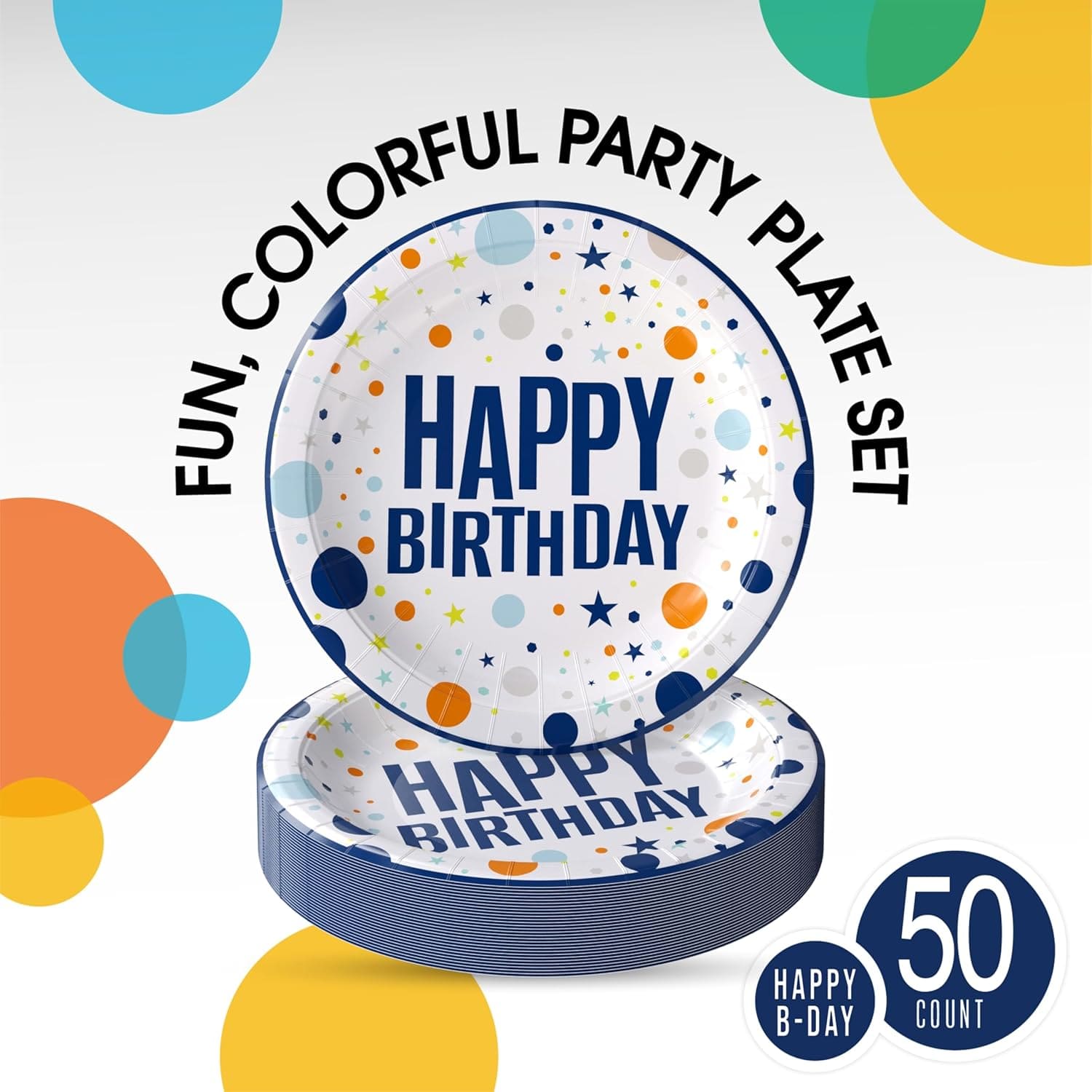 9 In. Blue Birthday Print Paper Plates - 50 Ct.