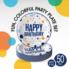 9 In. Blue Birthday Print Paper Plates - 50 Ct.| Case of 20