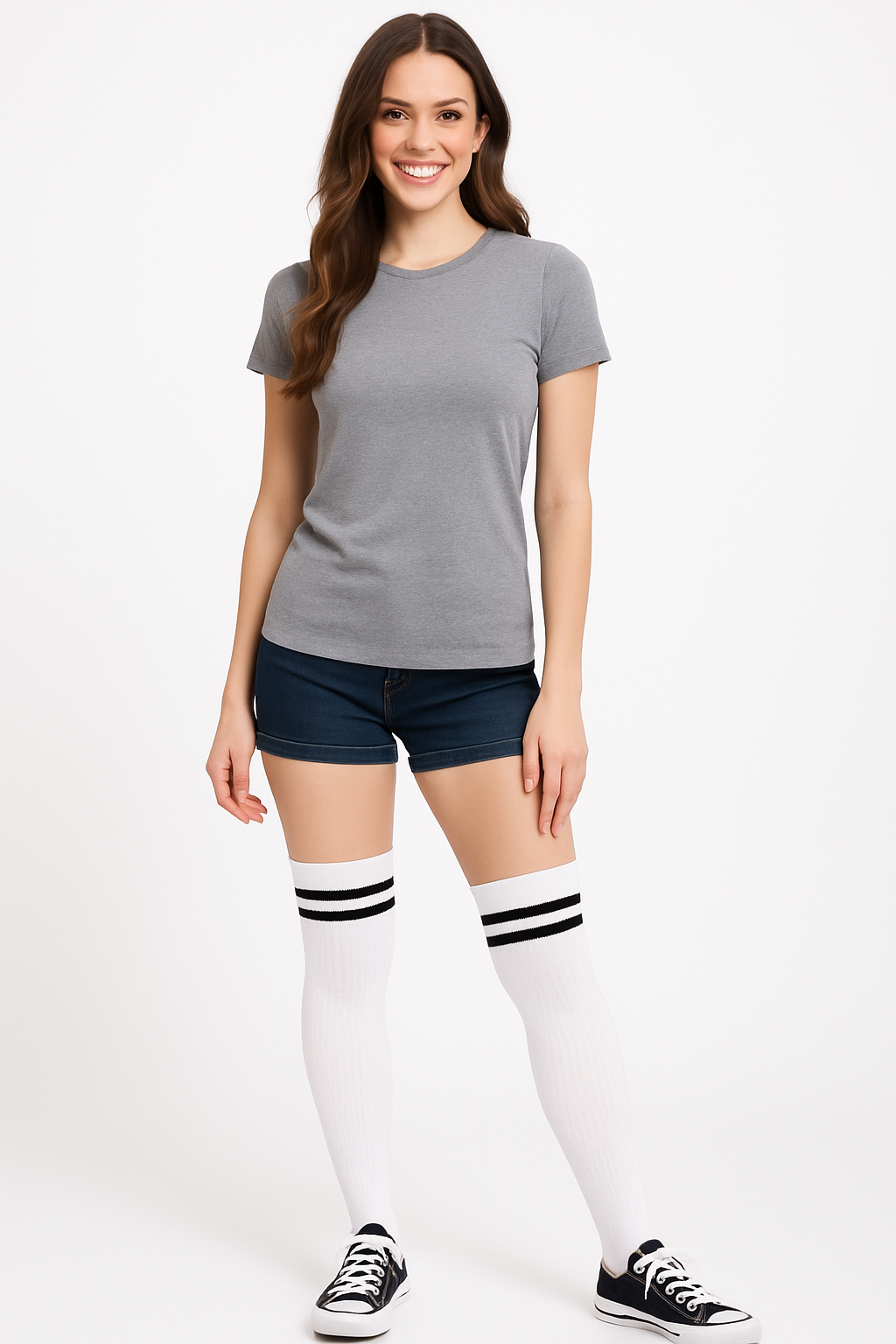 Sporty Thigh High Socks - White with Black Stripes