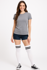 Sporty Thigh High Socks - White with Black Stripes