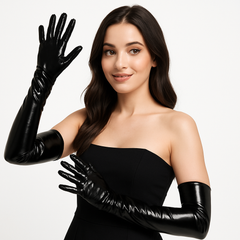 Spooky Black Glossy Long Gloves - Adult Halloween Accessory