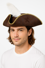 Authentic Brown Tricorn Pirate Hat with Feather - Perfect for Halloween