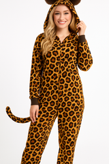 Women's Leopard Print Zipster Halloween Costume with Hood & Tail