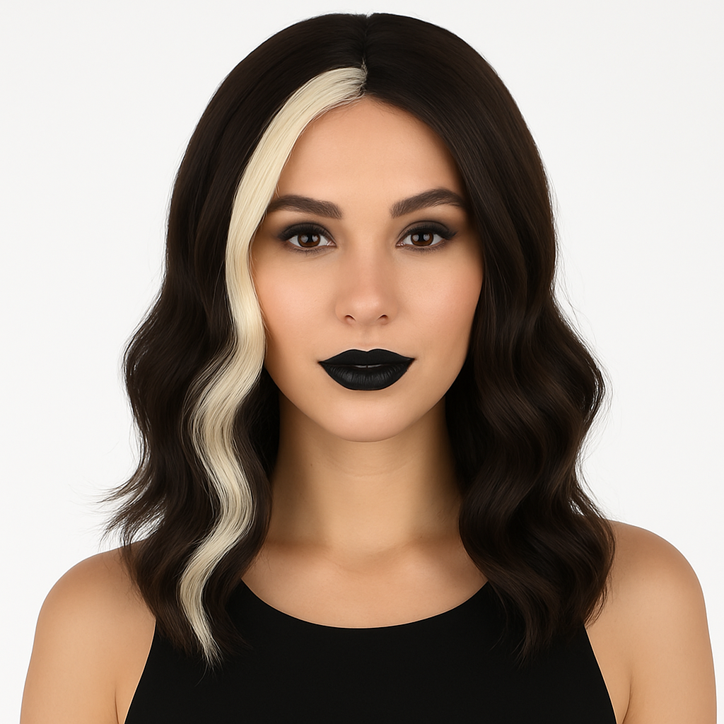 Skunk Stripe Wig for Halloween ‚Äì Brown and Blonde Wavy Hair