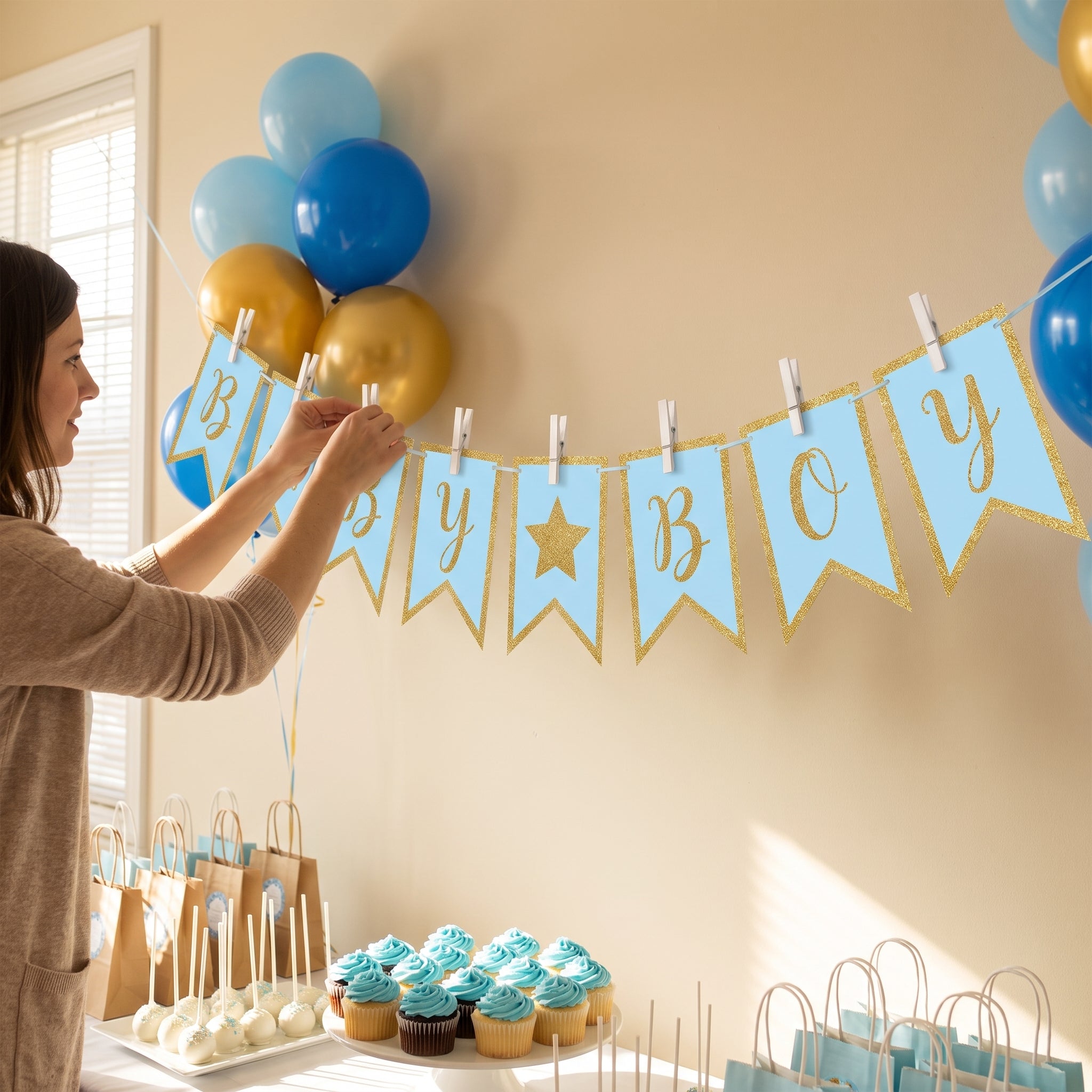"Baby Boy" Glitter Clothespin Pennant Banner