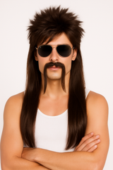 Brown 18 Wheeler Mullet Wig & Mustache Kit