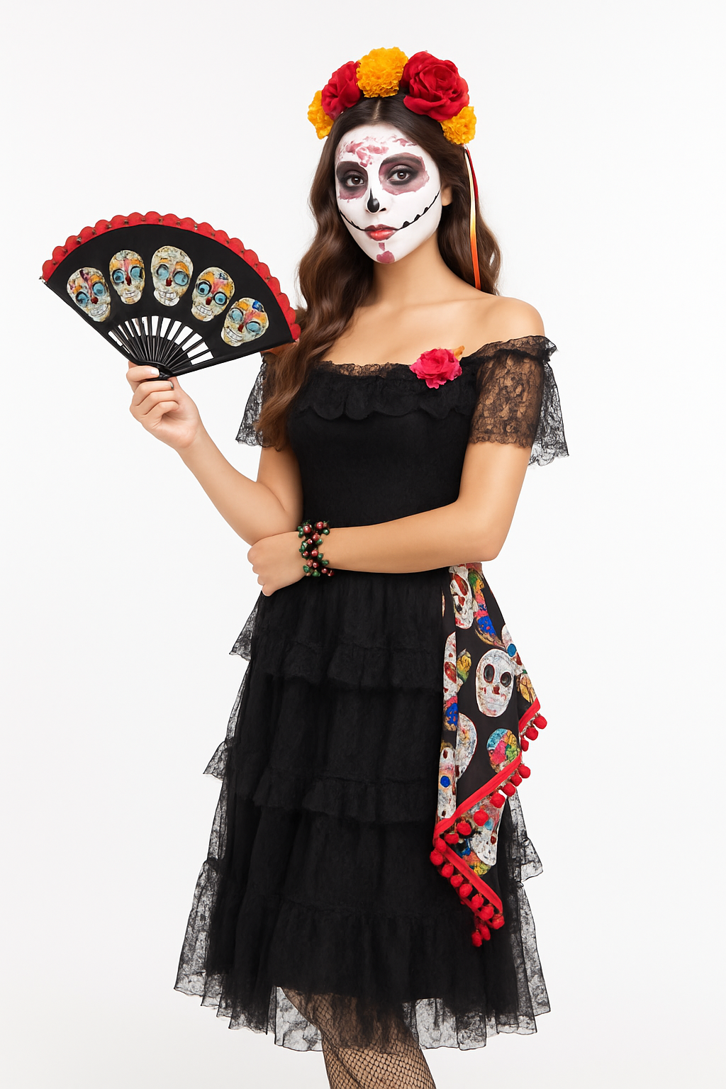 Day of the Dead Sugar Skull Fan with Lace Trim