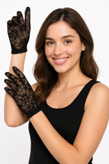 Elegant Floral Lace Halloween Costume Gloves - Black