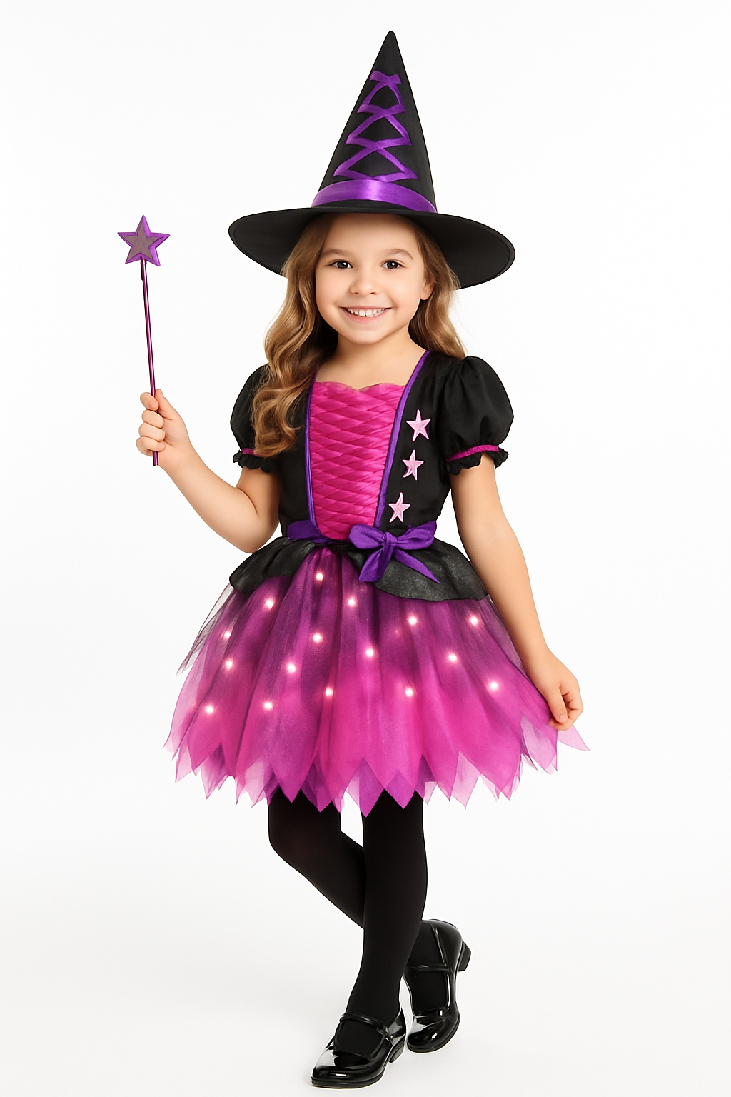 Kids' Light-Up Sparkle Witch Costume with Wand and Hat