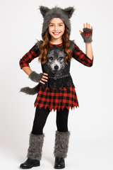 Kids' She-Wolf Halloween Costume with Faux Fur and Plaid Details