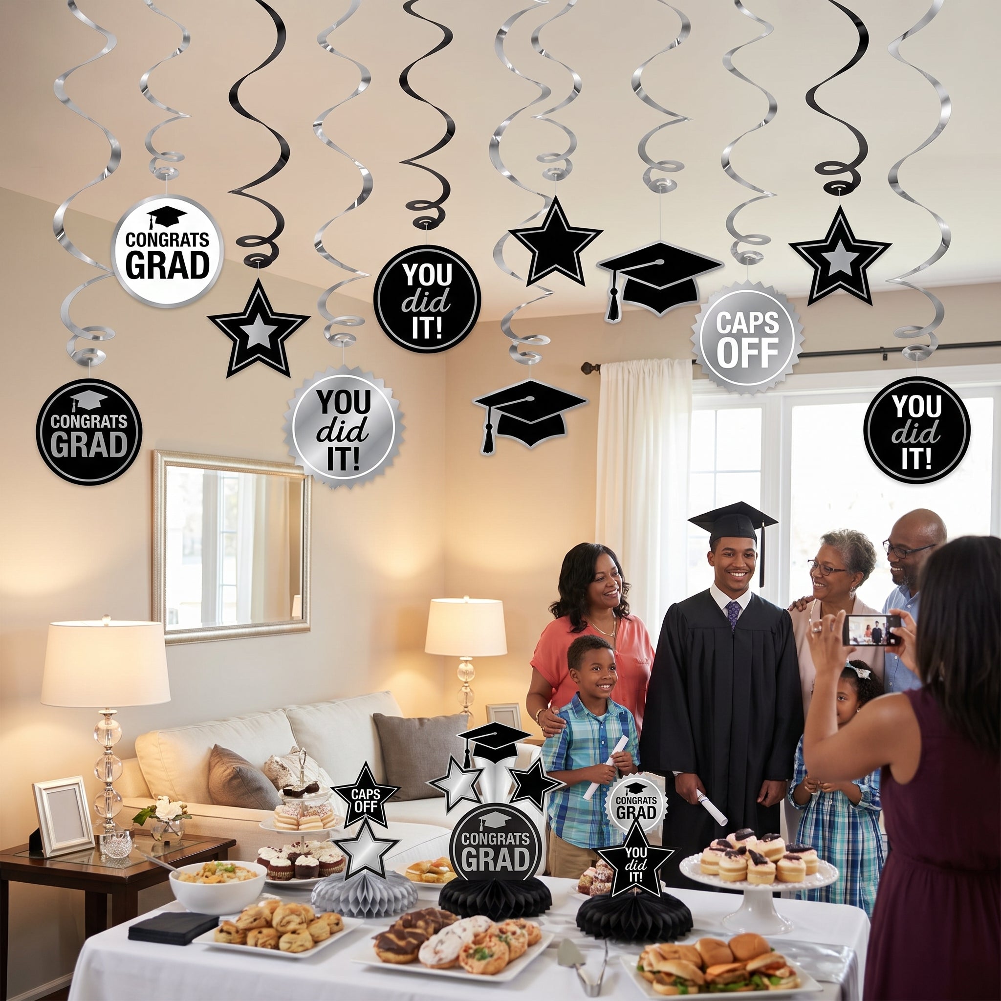 White Graduation Swirl Decorations - 12 Pack