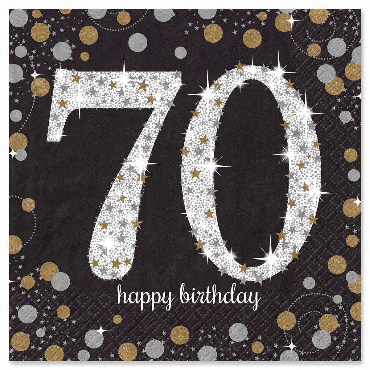 Sparkling Celebration 70th Birthday Lunch Napkins - 6.5 In. x 6.5 In. - Black/Silver/Gold, 16-Pack