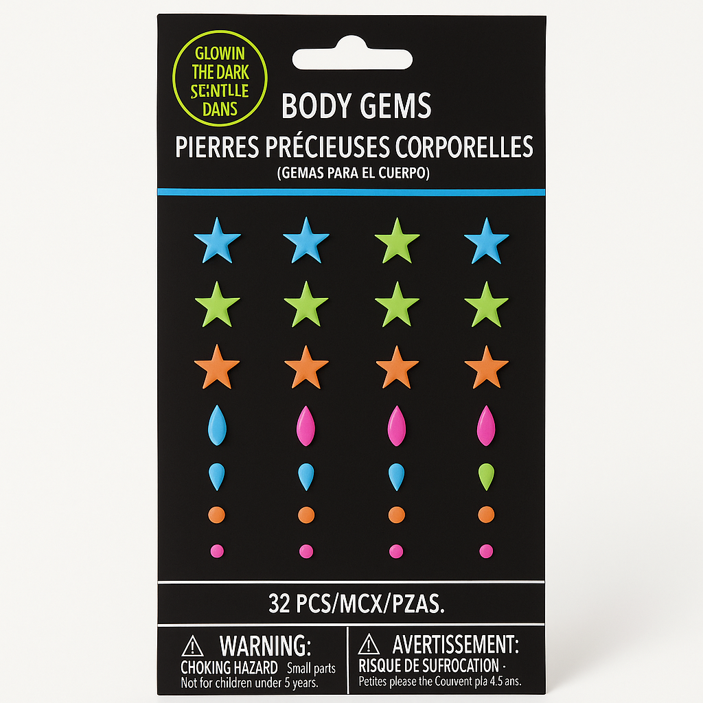Glow-in-the-Dark Body Gems - 32-Piece Set for Kids' Parties