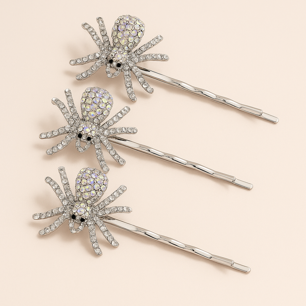 Sparkling Rhinestone Spider Bobby Pin Set - 3 Pack