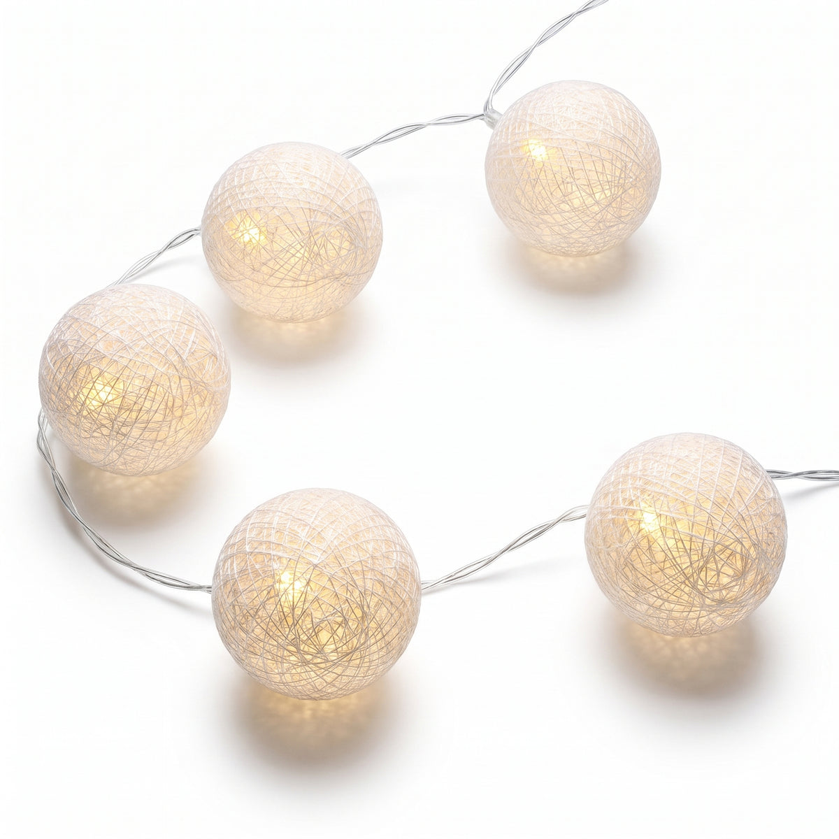 White Woven Ball LED String Lights - 10 Decorative Cotton Orbs, 5-ft, Battery Operated